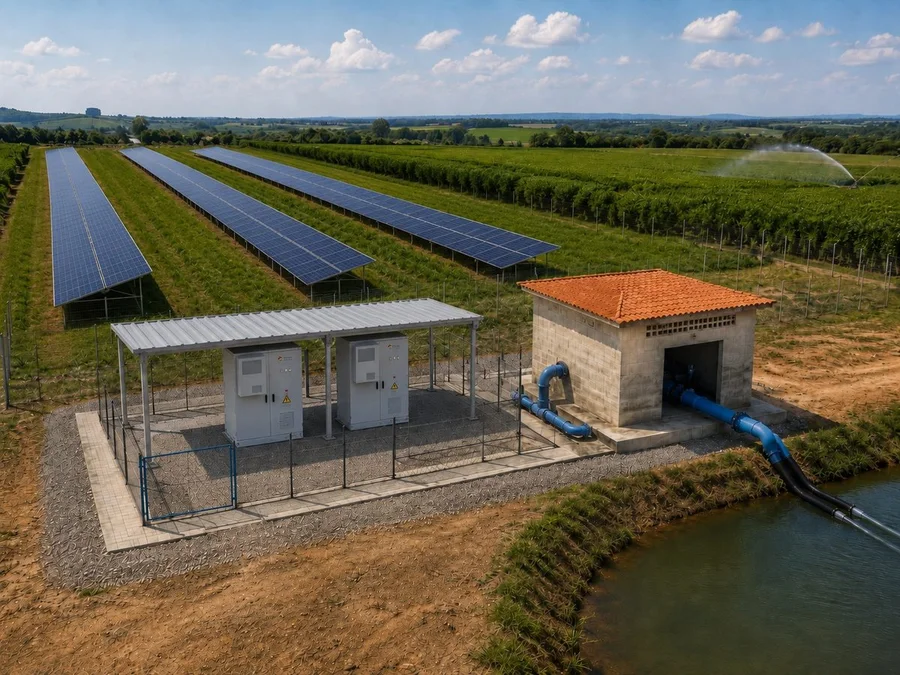 Contêiner BESS em usina solar de área rural, junto a sistema de irrigação