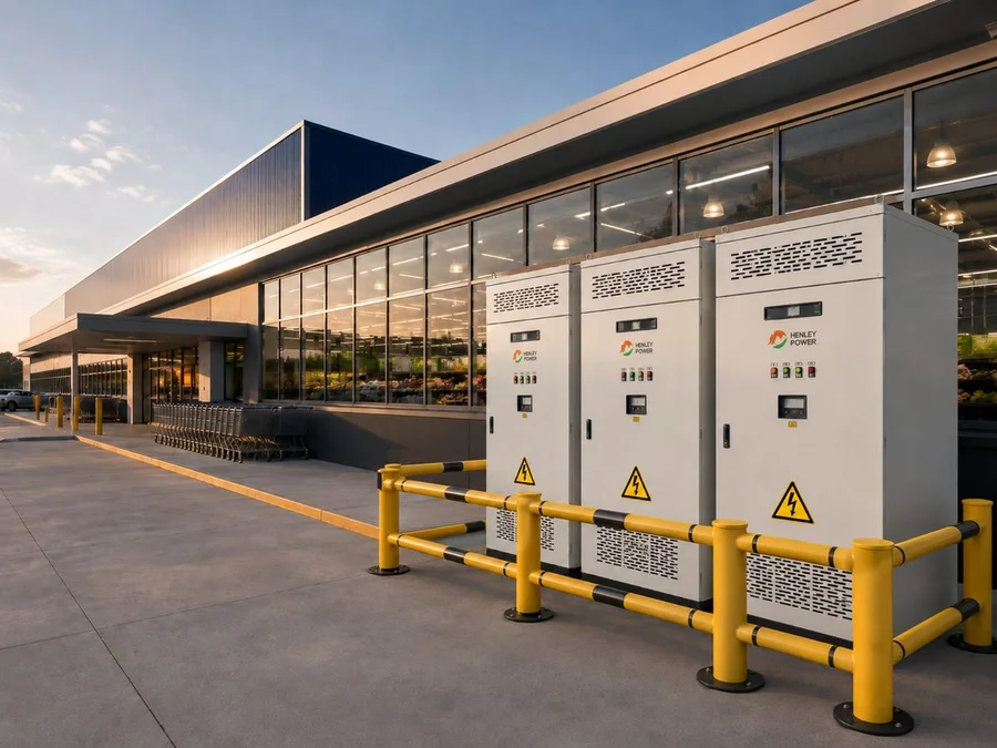 Gabinetes BESS instalados na área externa de um estabelecimento comercial