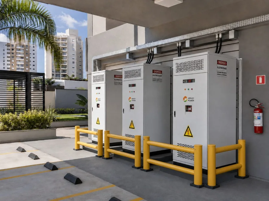 Gabinetes BESS instalados na garagem de um condomínio residencial