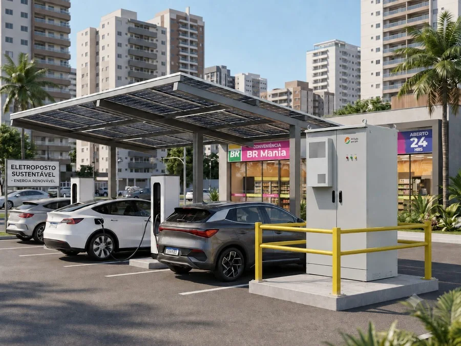 Eletroposto com carregadores de veículos elétricos e gabinete BESS sob cobertura solar