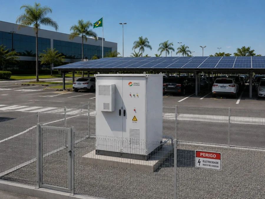 Gabinete BESS ao lado de estacionamento solar coberto com painéis fotovoltaicos