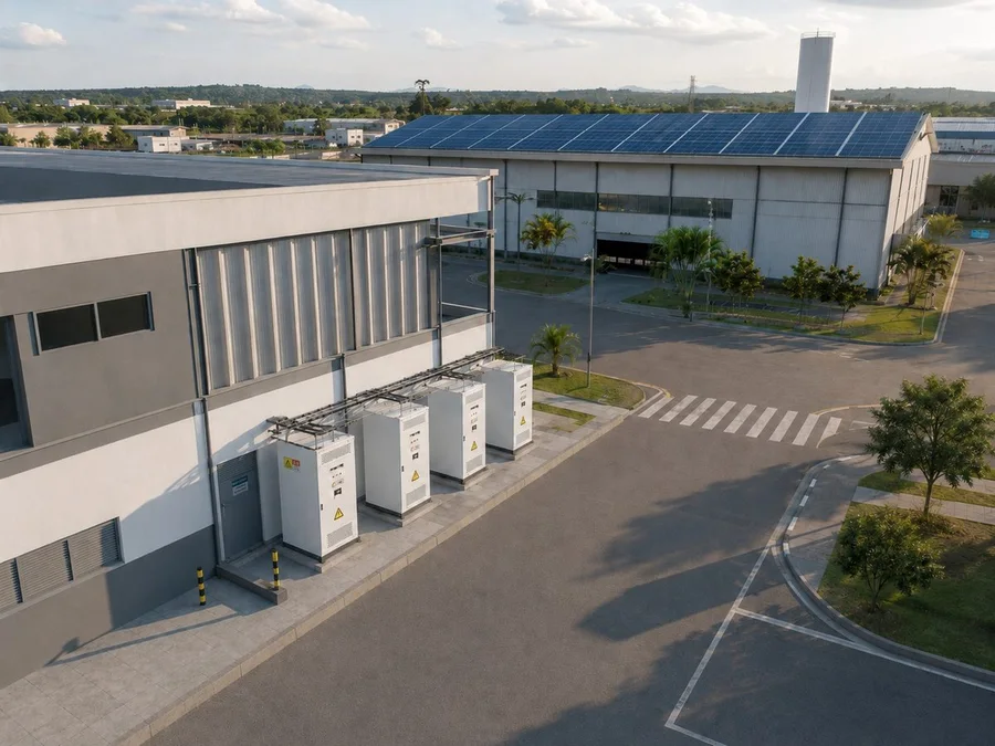 Gabinetes de armazenamento de energia BESS instalados no pátio de uma planta industrial com telhado solar
