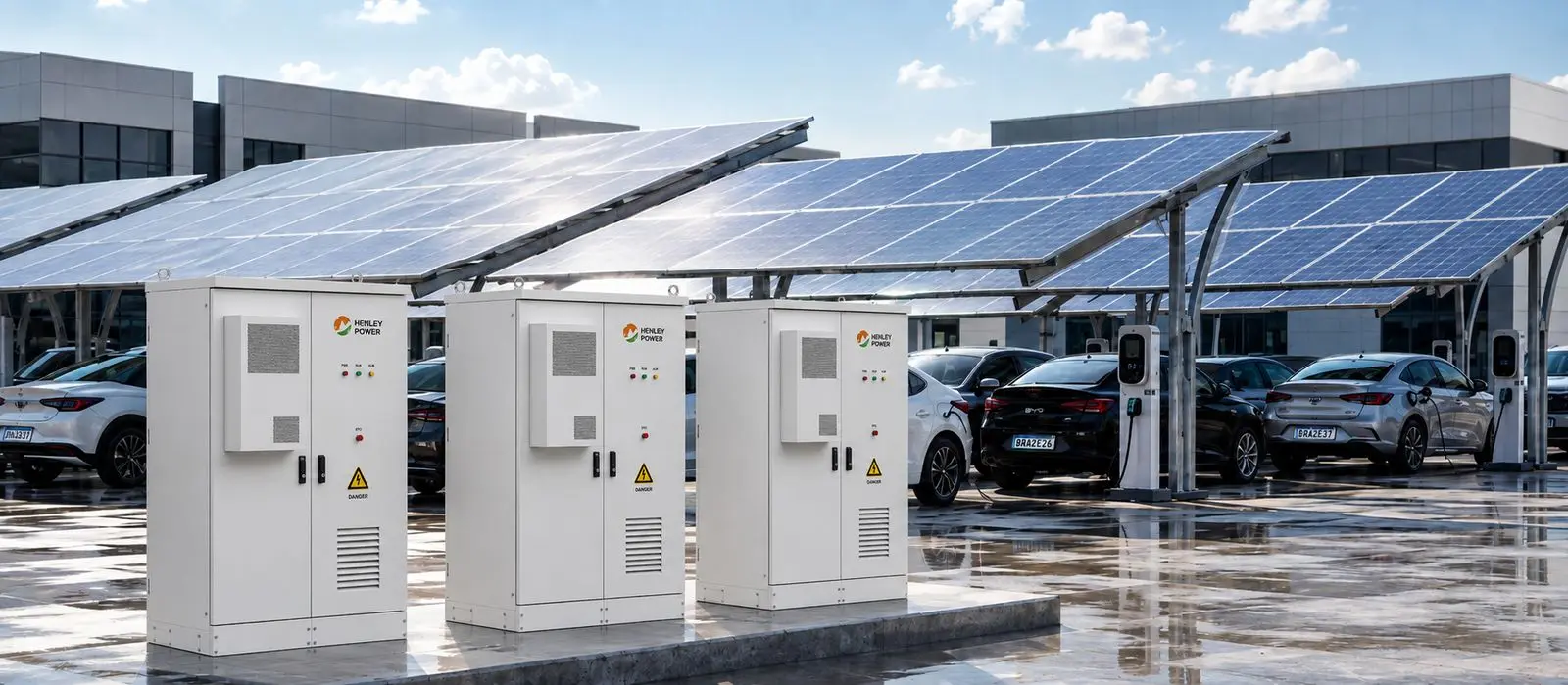 Cabines BESS ao lado de um eletroposto sob cobertura solar