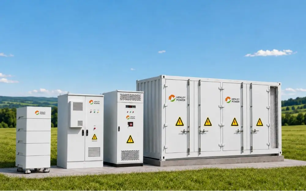 Família de sistemas de armazenamento Henley Power: cabines, inversor e container BESS instalados em campo